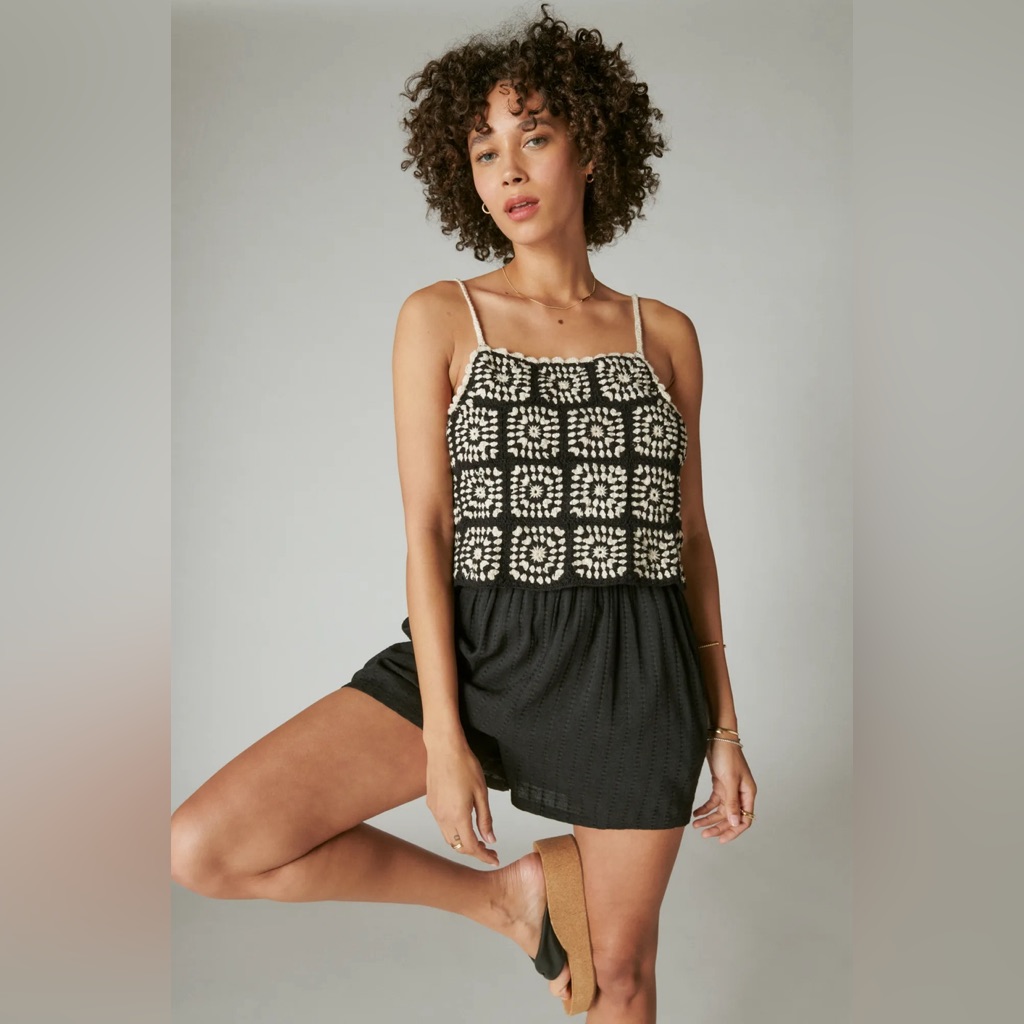 Lucky Brand Black And Cream Crochet-Top Romper